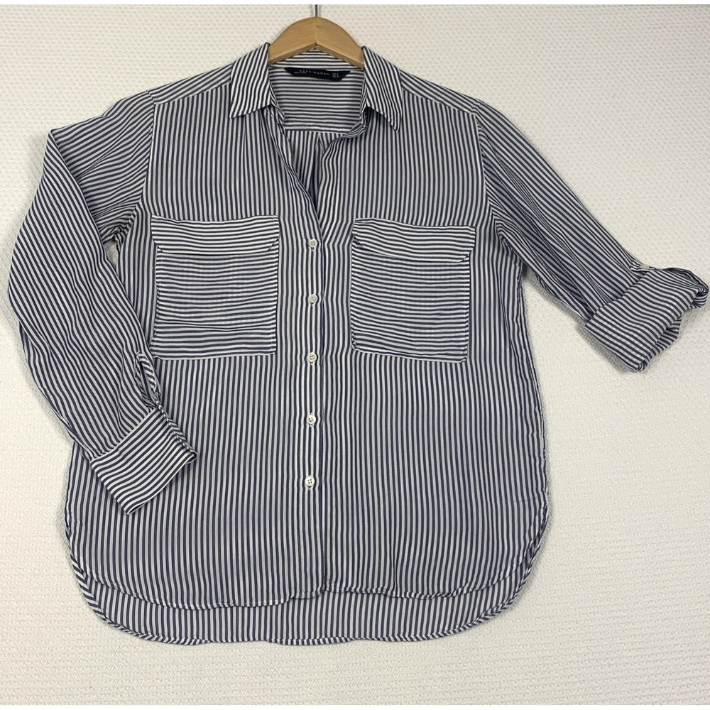 Zara Blue White Striped Button Up Shirt Womens Small S Roll Tab Sleeve